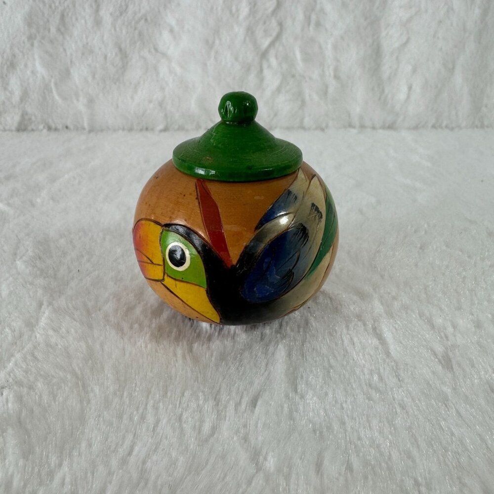 Handmade Wooden Trinket Jar With Lid Folk Art Colorful Parrot Toucan Bird Design